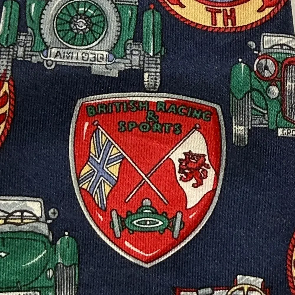 VTG Tommy Hilfiger Silk Necktie Heraldic Crest Shield Race Car Blue Red Made USA